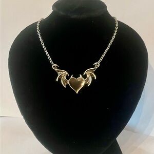 Elegant Silver Heart and Wing Necklace 20” Length